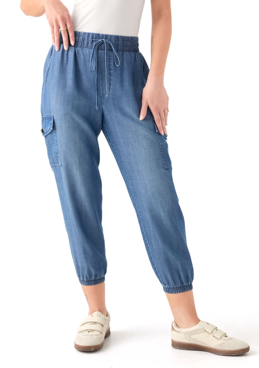 Petite Pull-On Tie Waist Drawstring Cargo Jogger Pants with Patch Pockets 