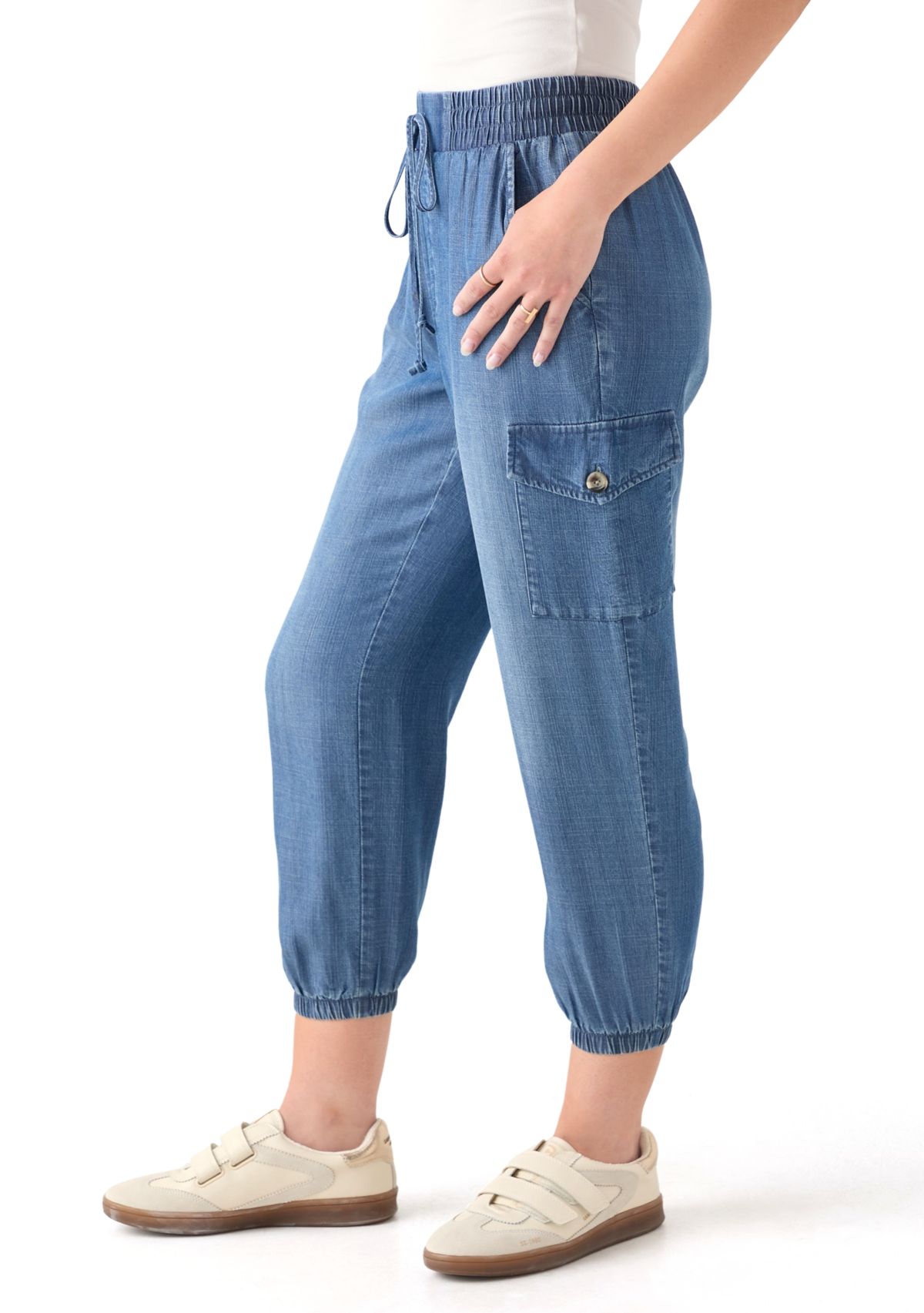 Petite Pull-On Tie Waist Drawstring Cargo Jogger Pants with Patch Pockets 