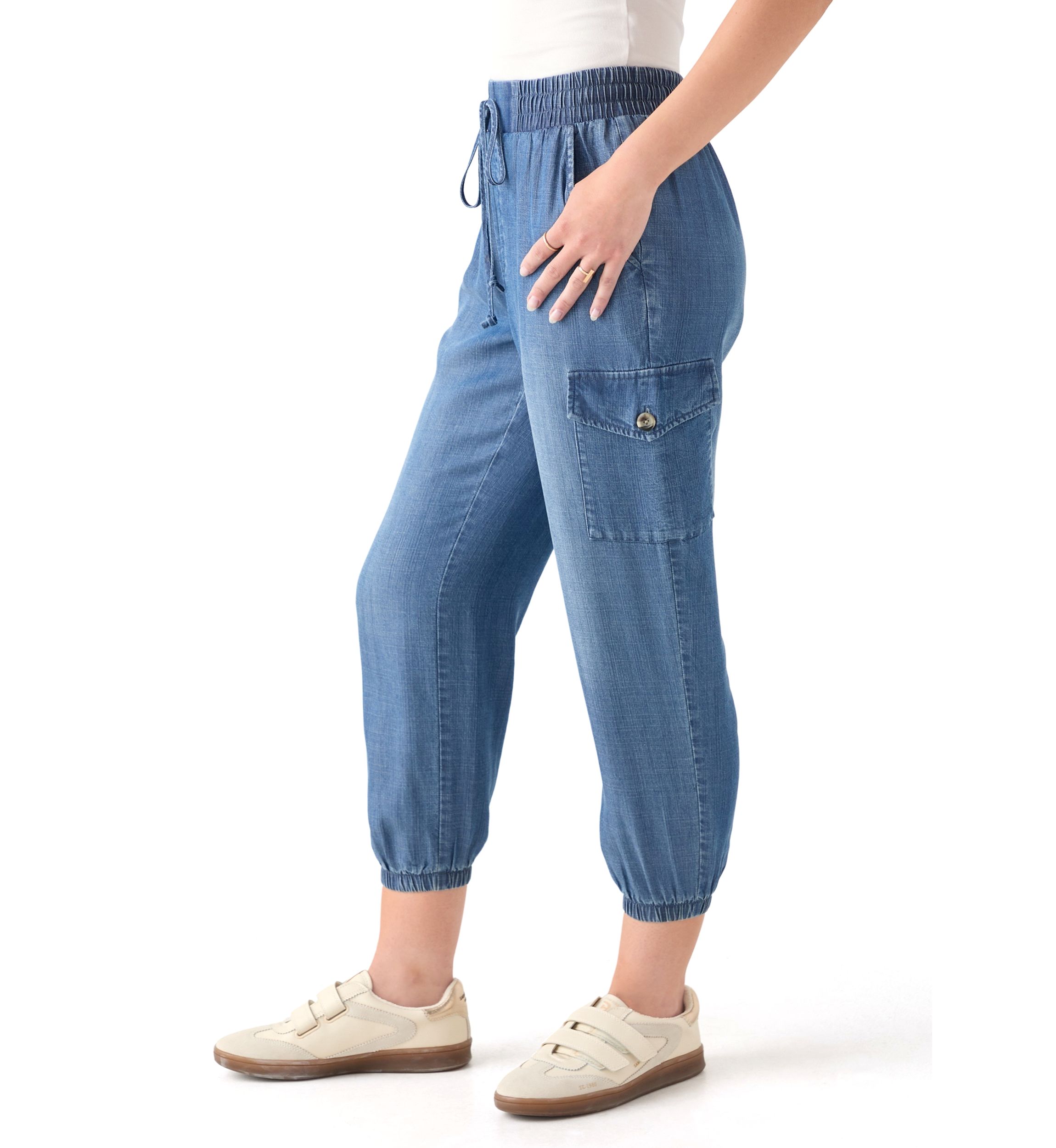 Petite Pull-On Tie Waist Drawstring Cargo Jogger Pants with Patch Pockets 