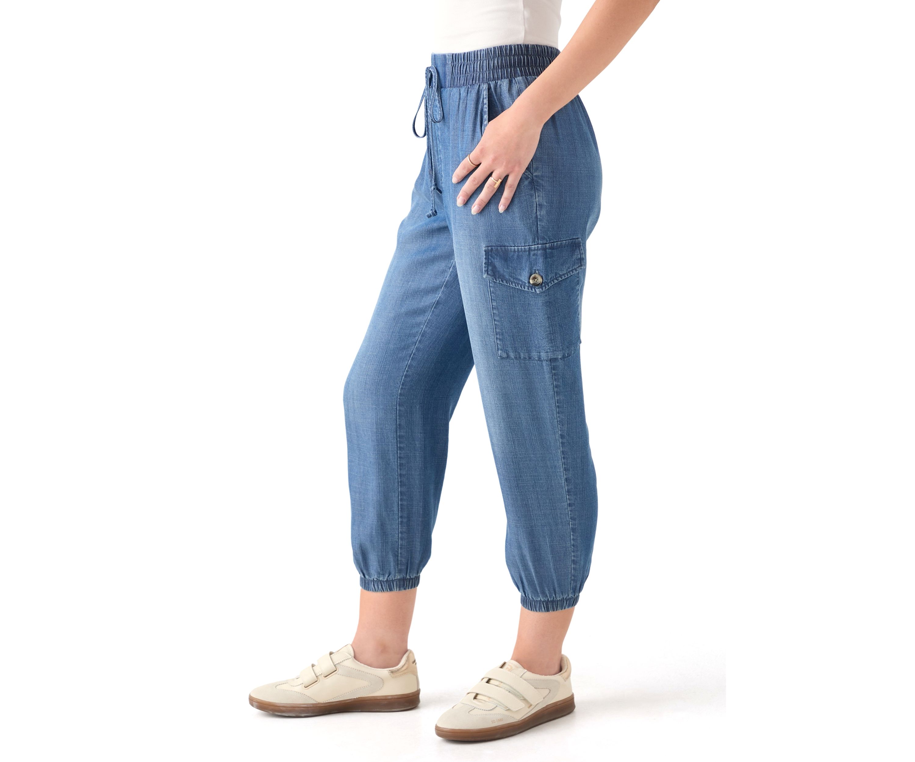 Petite Pull-On Tie Waist Drawstring Cargo Jogger Pants with Patch Pockets 