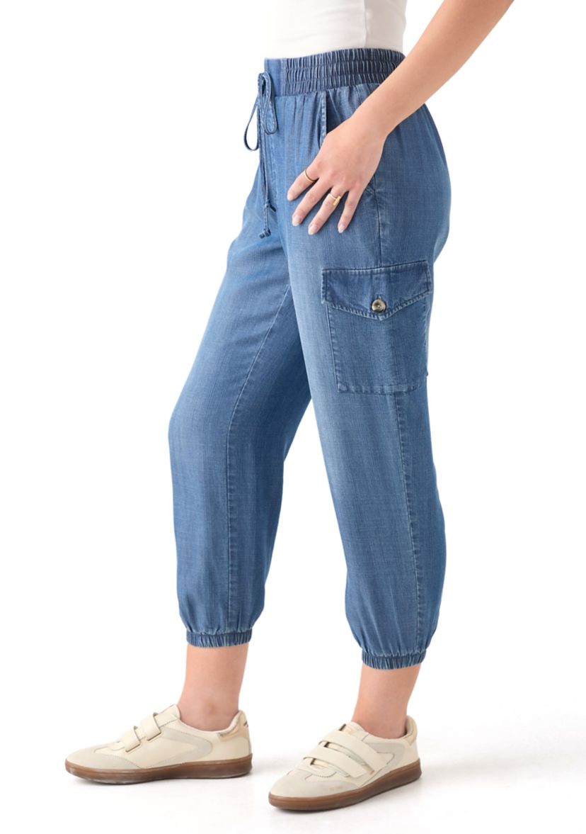 Petite Pull-On Tie Waist Drawstring Cargo Jogger Pants with Patch Pockets 