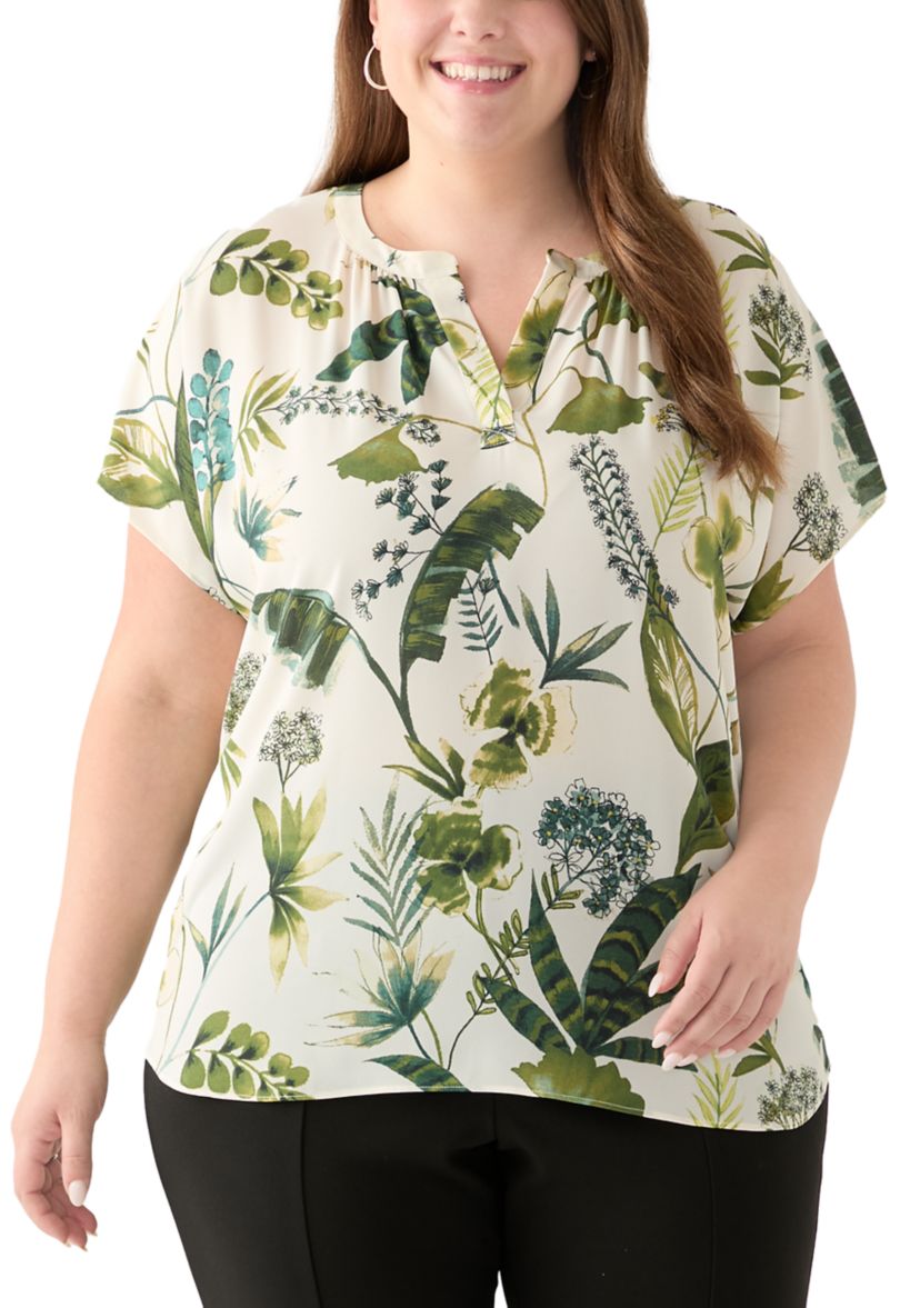 Plus Size Short Sleeve Knit to Woven Printed Top