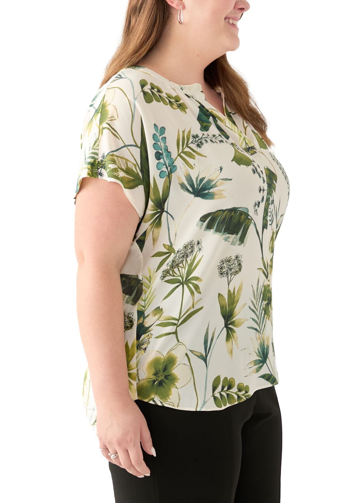 Plus Size Short Sleeve Knit to Woven Printed Top