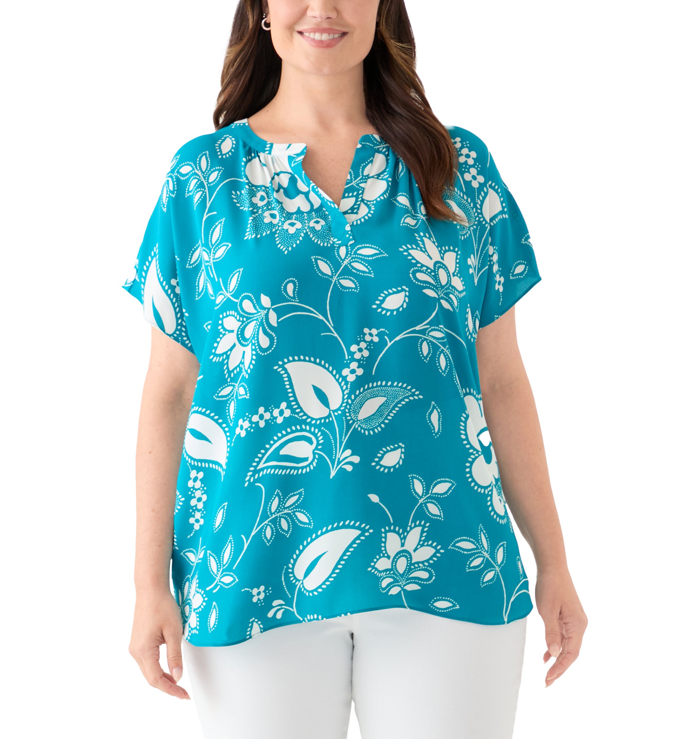 Plus Size Printed Split Neck Woven Top