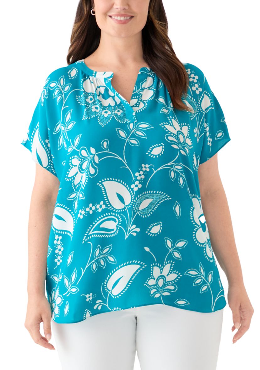 Plus Size Printed Split Neck Woven Top