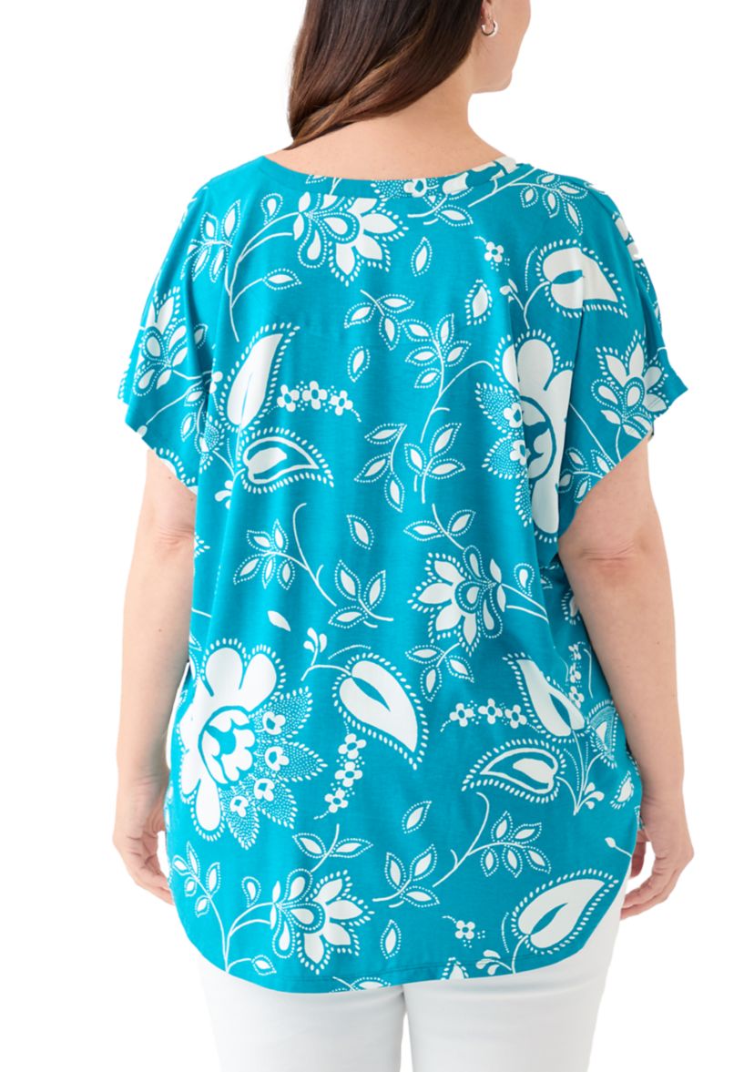 Plus Size Printed Split Neck Woven Top