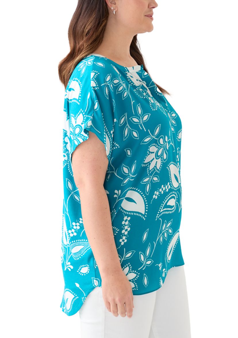 Plus Size Printed Split Neck Woven Top