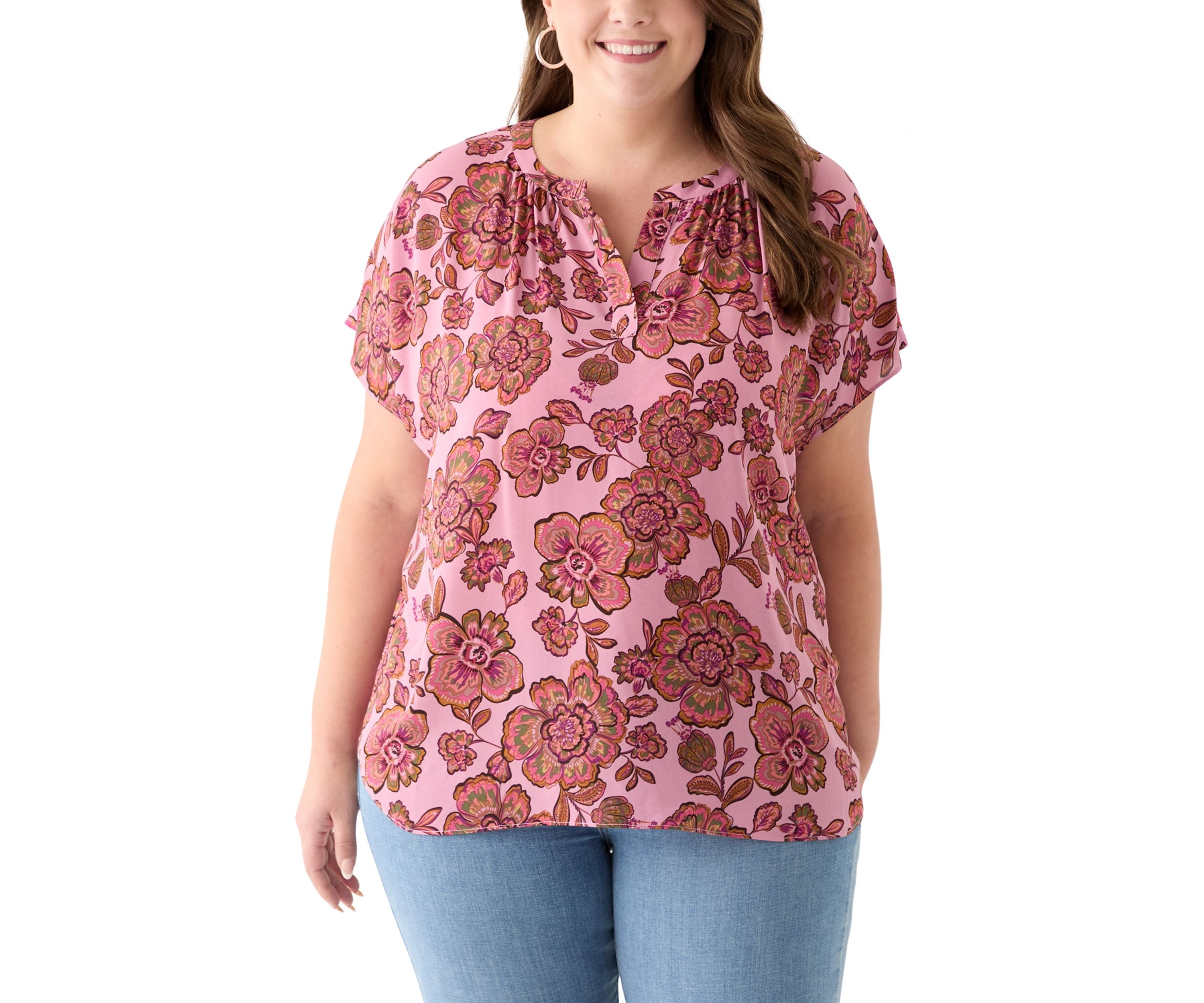 Plus Size Short Sleeve Knit to Woven  Top