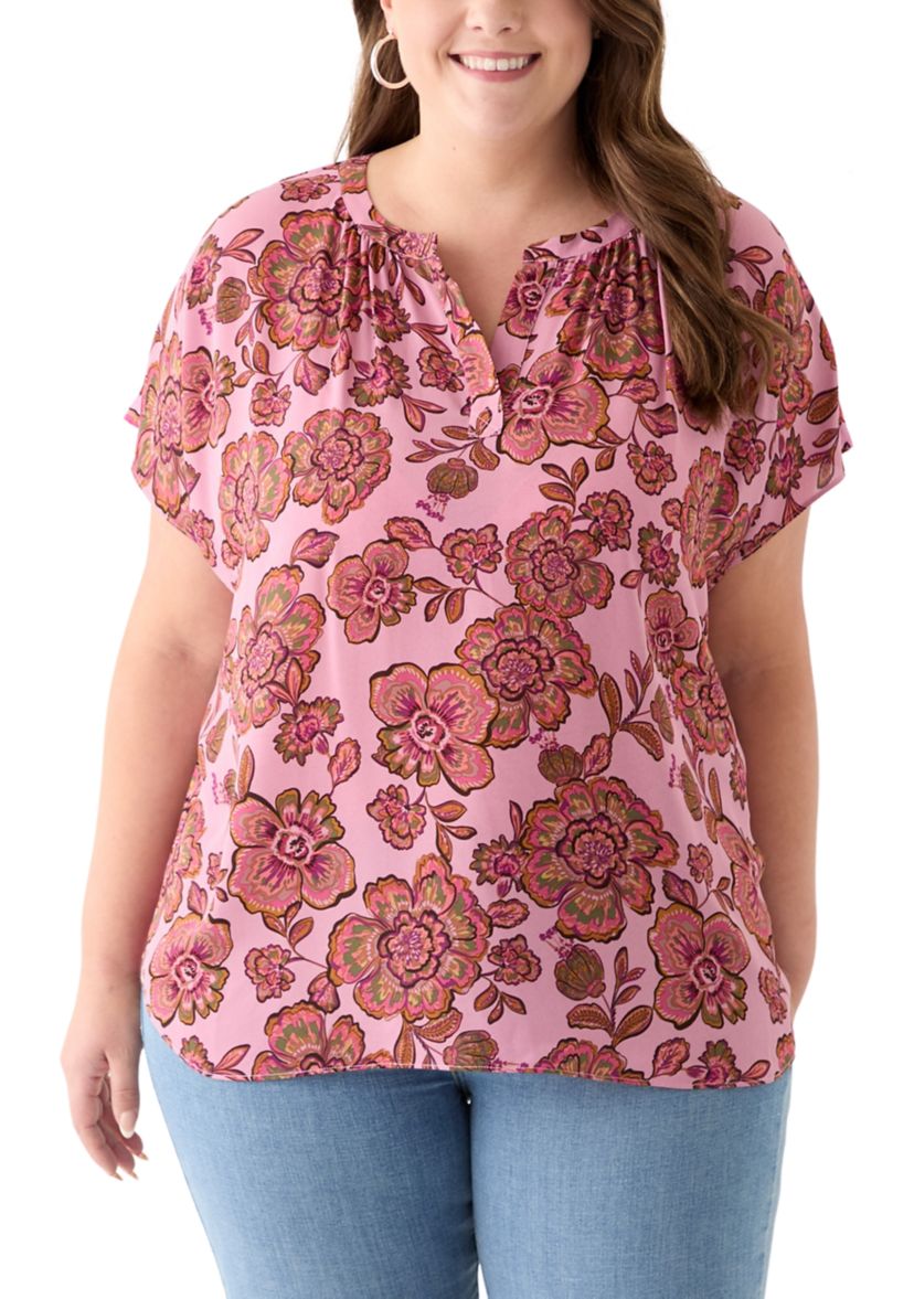 Plus Size Short Sleeve Knit to Woven  Top