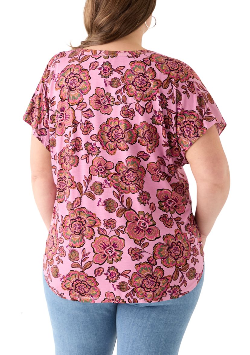 Plus Size Short Sleeve Knit to Woven  Top
