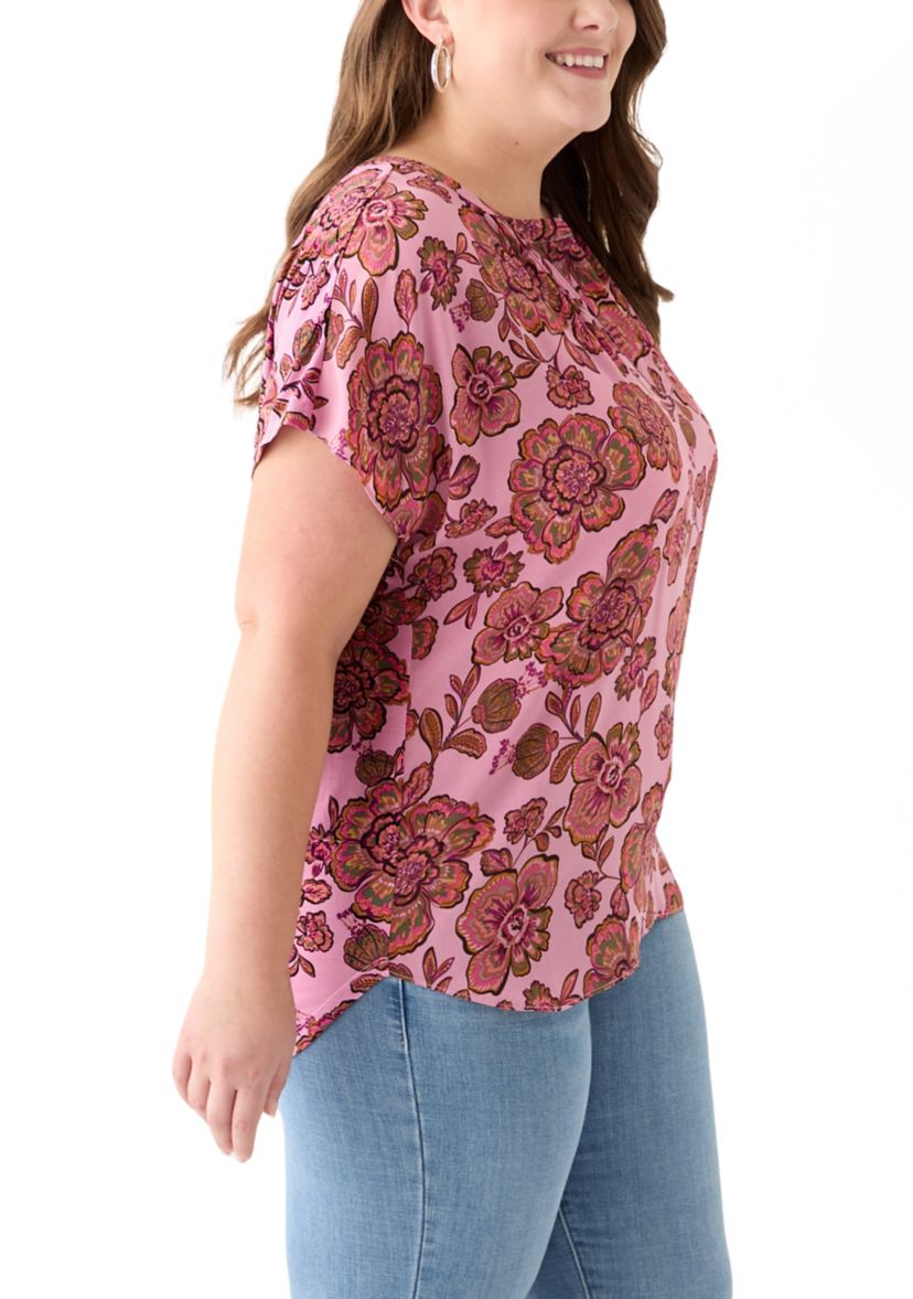 Plus Size Short Sleeve Knit to Woven  Top