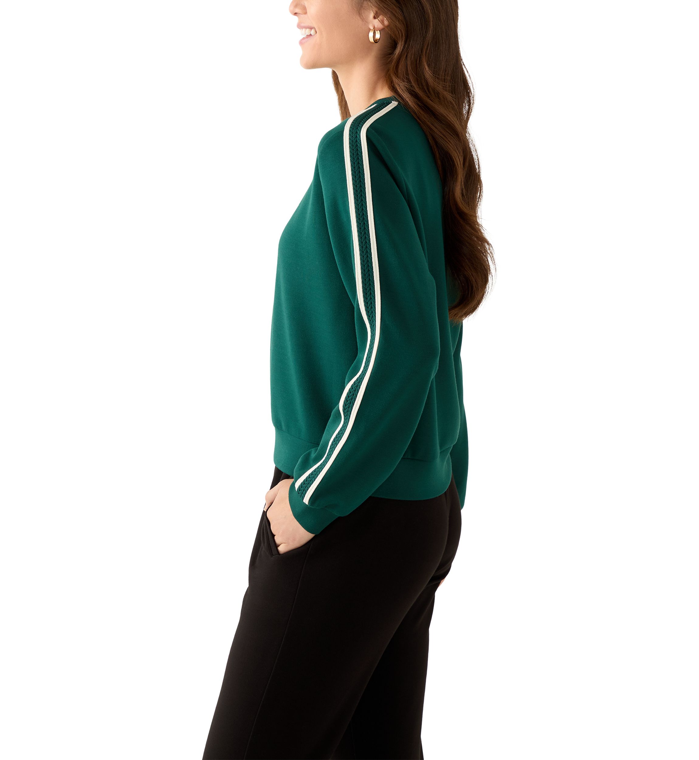 Petite Long Sleeve Crew Neck Sweater with Trim