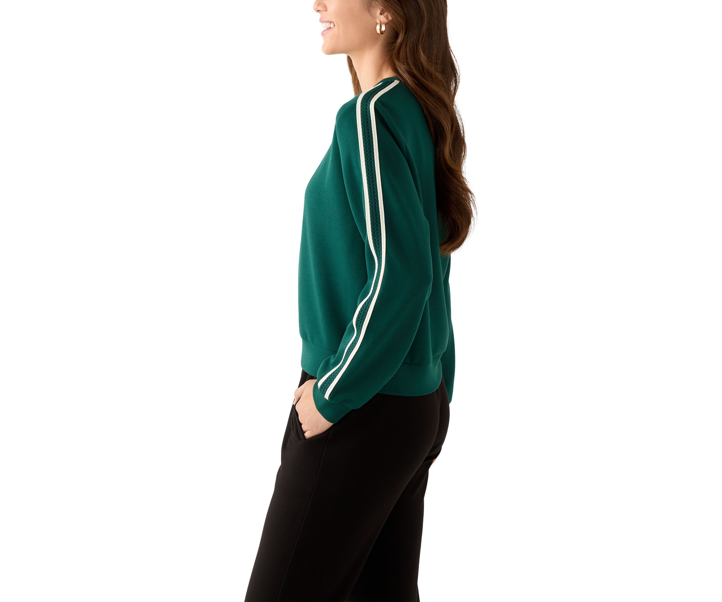 Petite Long Sleeve Crew Neck Sweater with Trim