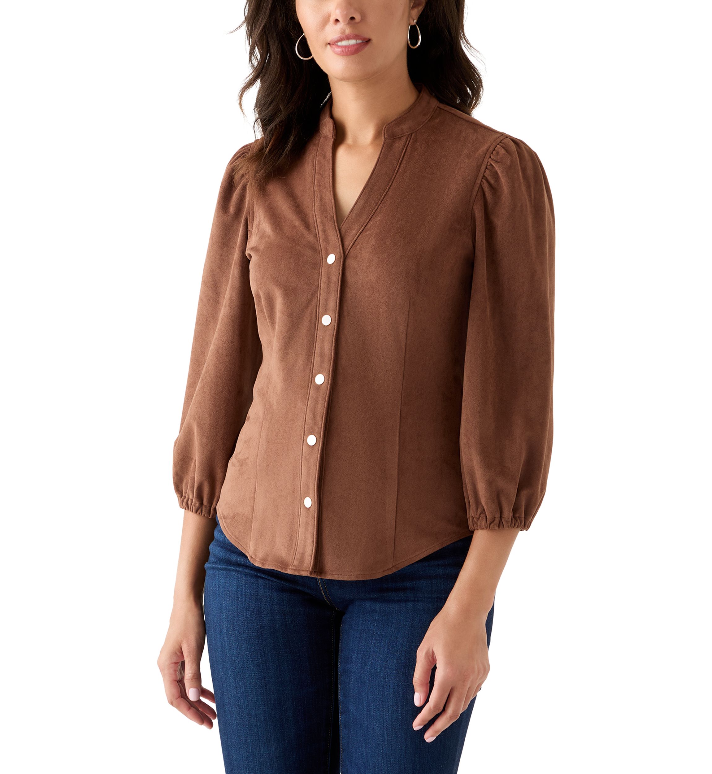 Womens 3/4 Sleeve Vegan Suede Button Front Shirt
