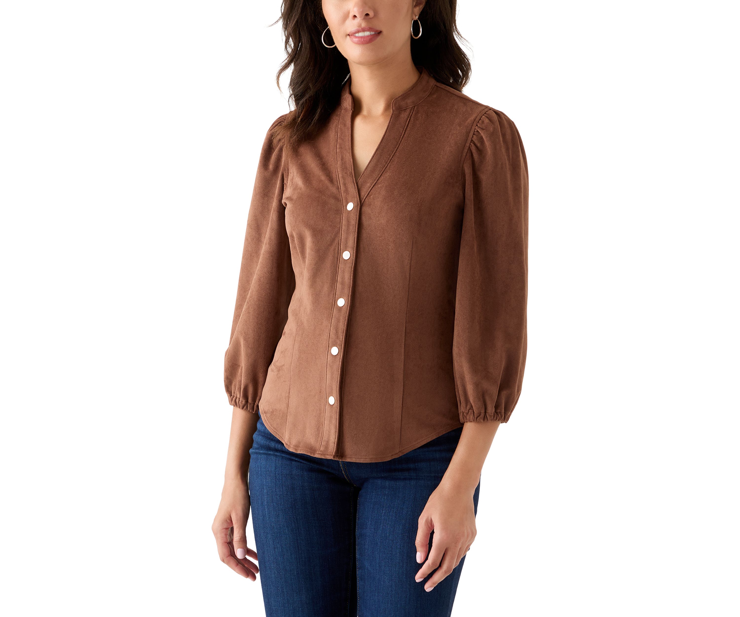 Womens 3/4 Sleeve Vegan Suede Button Front Shirt