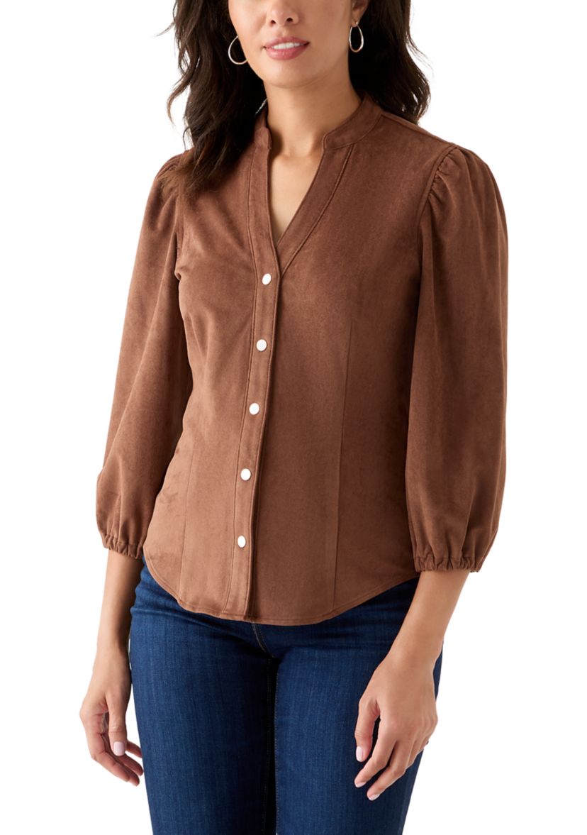 Womens 3/4 Sleeve Vegan Suede Button Front Shirt