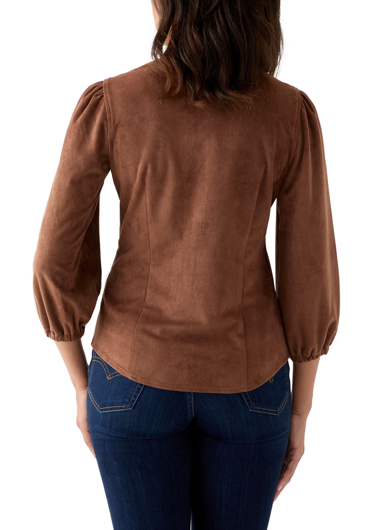 Womens 3/4 Sleeve Vegan Suede Button Front Shirt