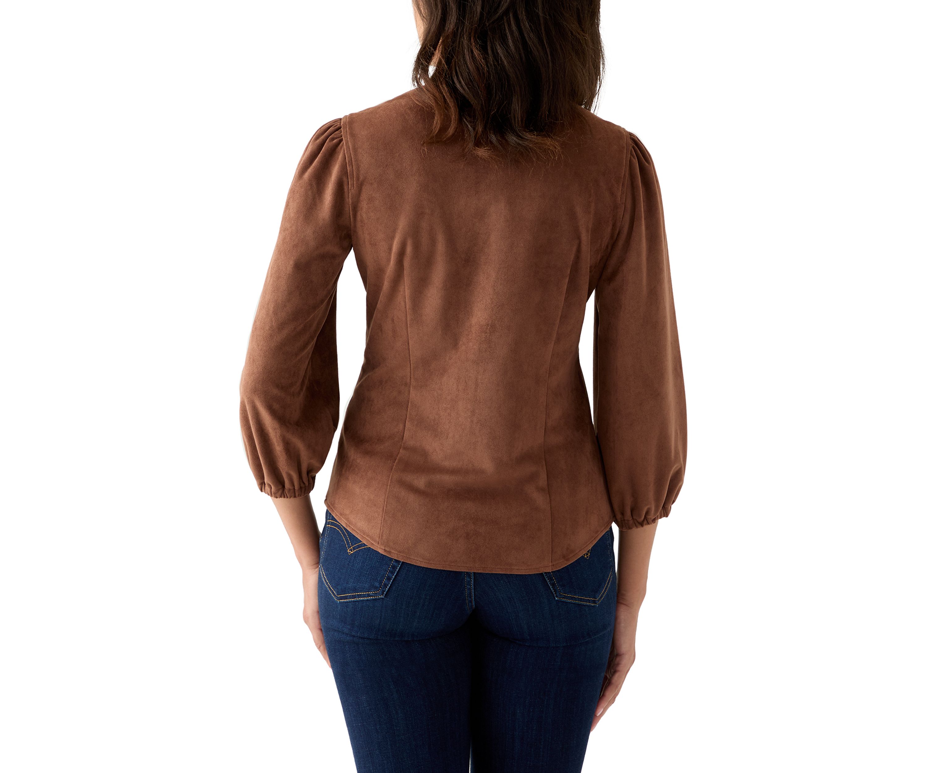 Womens 3/4 Sleeve Vegan Suede Button Front Shirt