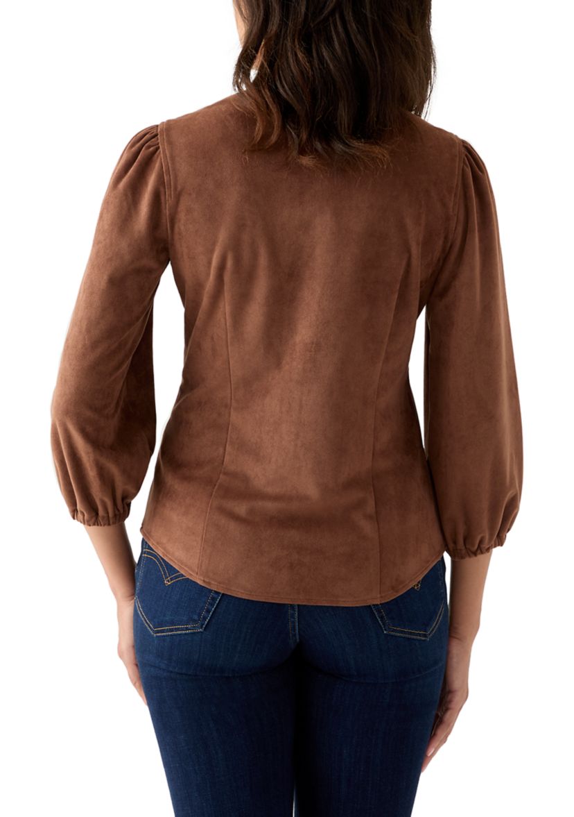 Womens 3/4 Sleeve Vegan Suede Button Front Shirt