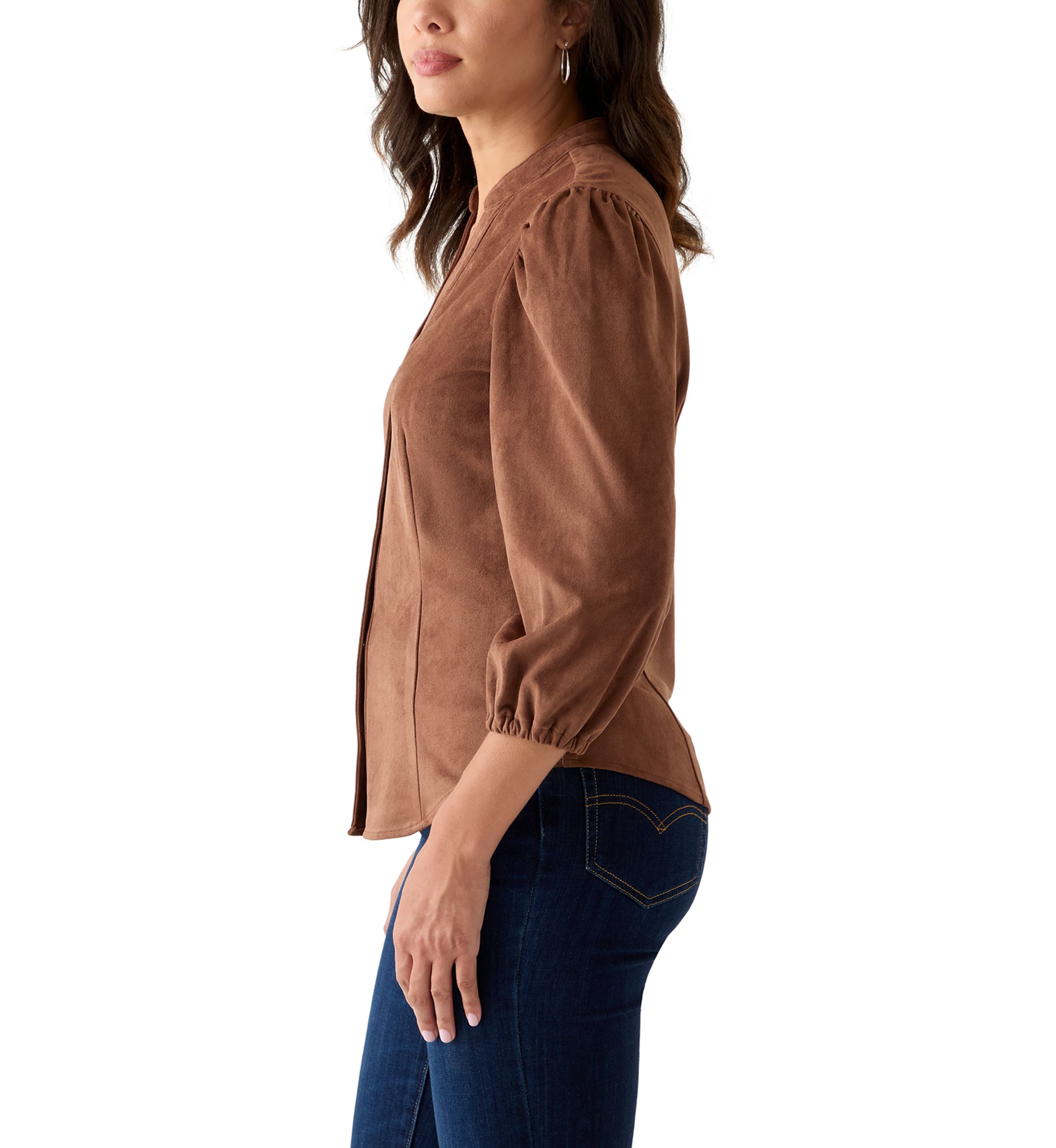 Womens 3/4 Sleeve Vegan Suede Button Front Shirt