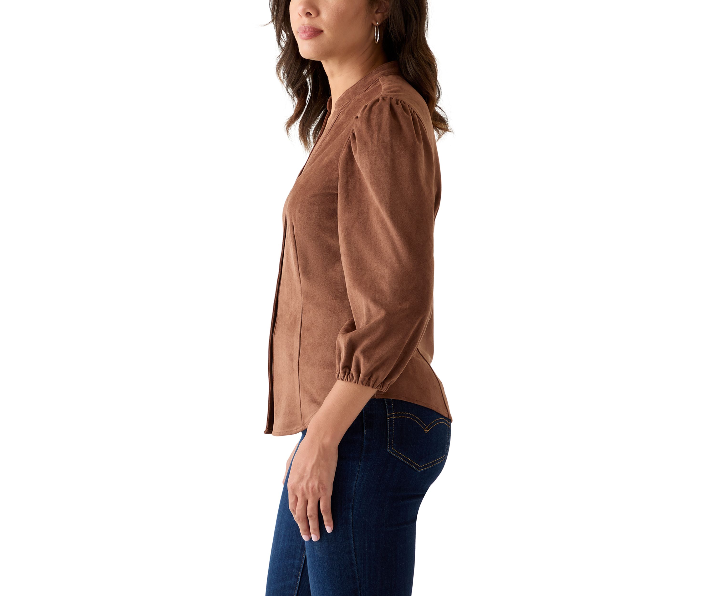 Womens 3/4 Sleeve Vegan Suede Button Front Shirt