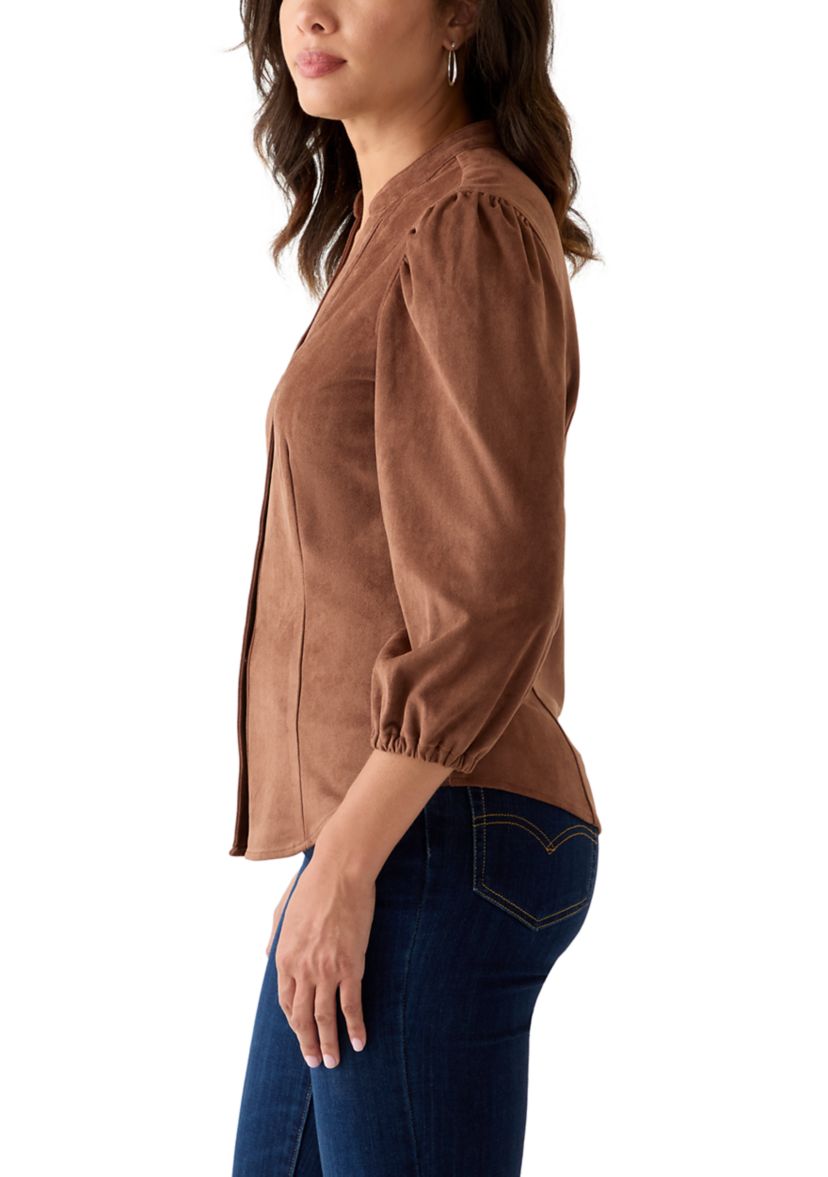 Womens 3/4 Sleeve Vegan Suede Button Front Shirt
