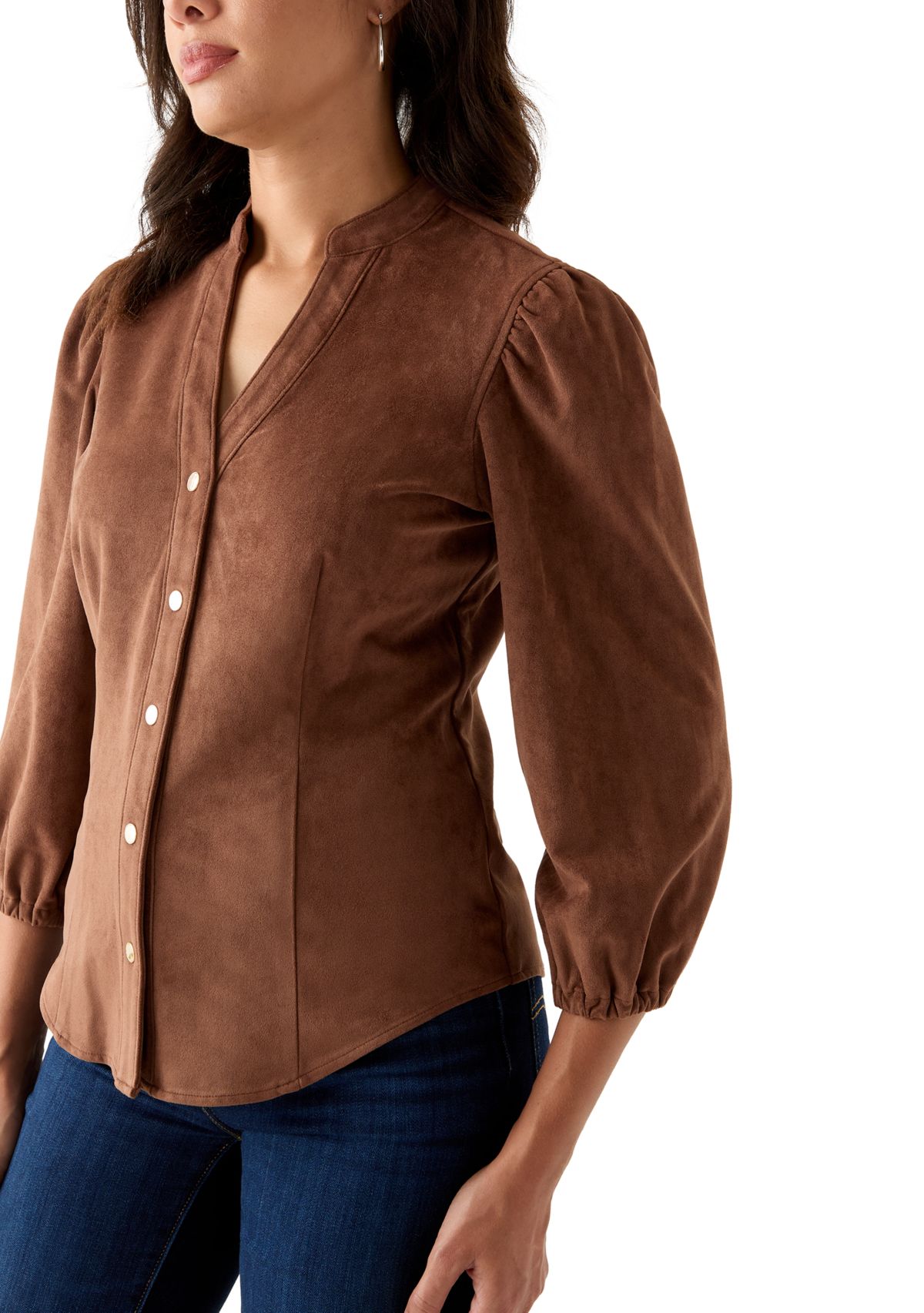 Womens 3/4 Sleeve Vegan Suede Button Front Shirt