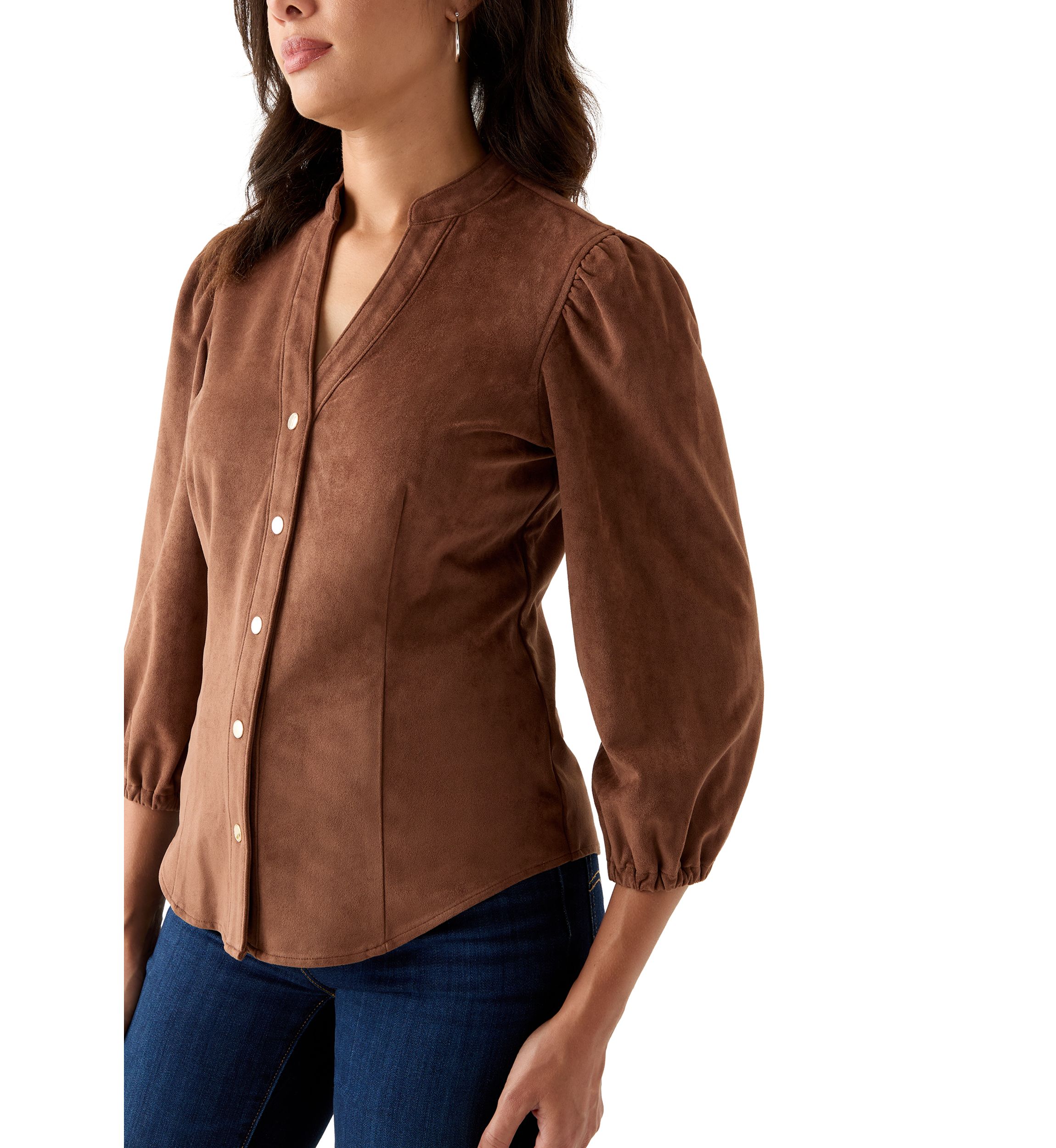 Womens 3/4 Sleeve Vegan Suede Button Front Shirt