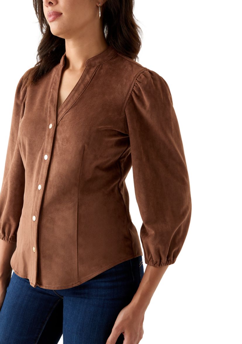 Womens 3/4 Sleeve Vegan Suede Button Front Shirt