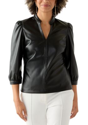 PHILOSOPHY BY REPUBLIC Women's Split Neck Vegan Leather Shirt, Black, Small