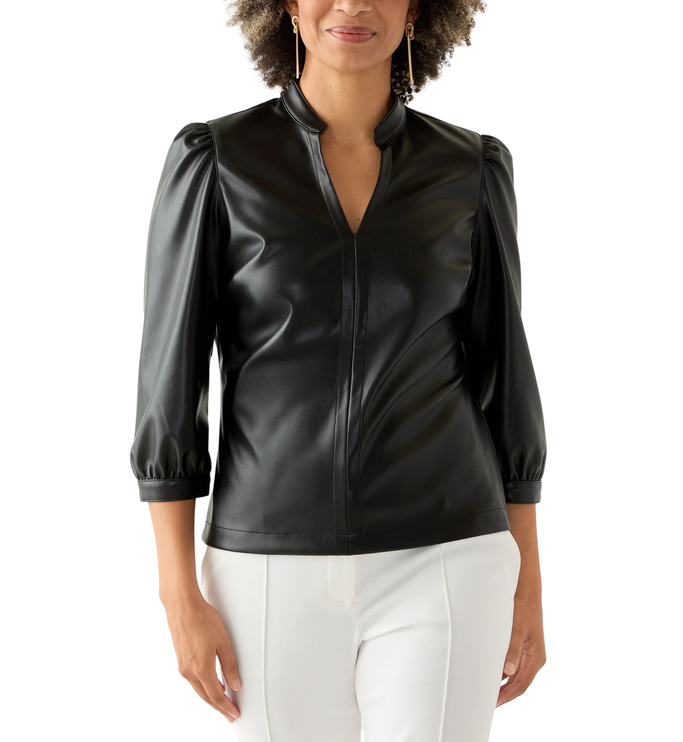Womens Split Neck Vegan Leather Shirt 