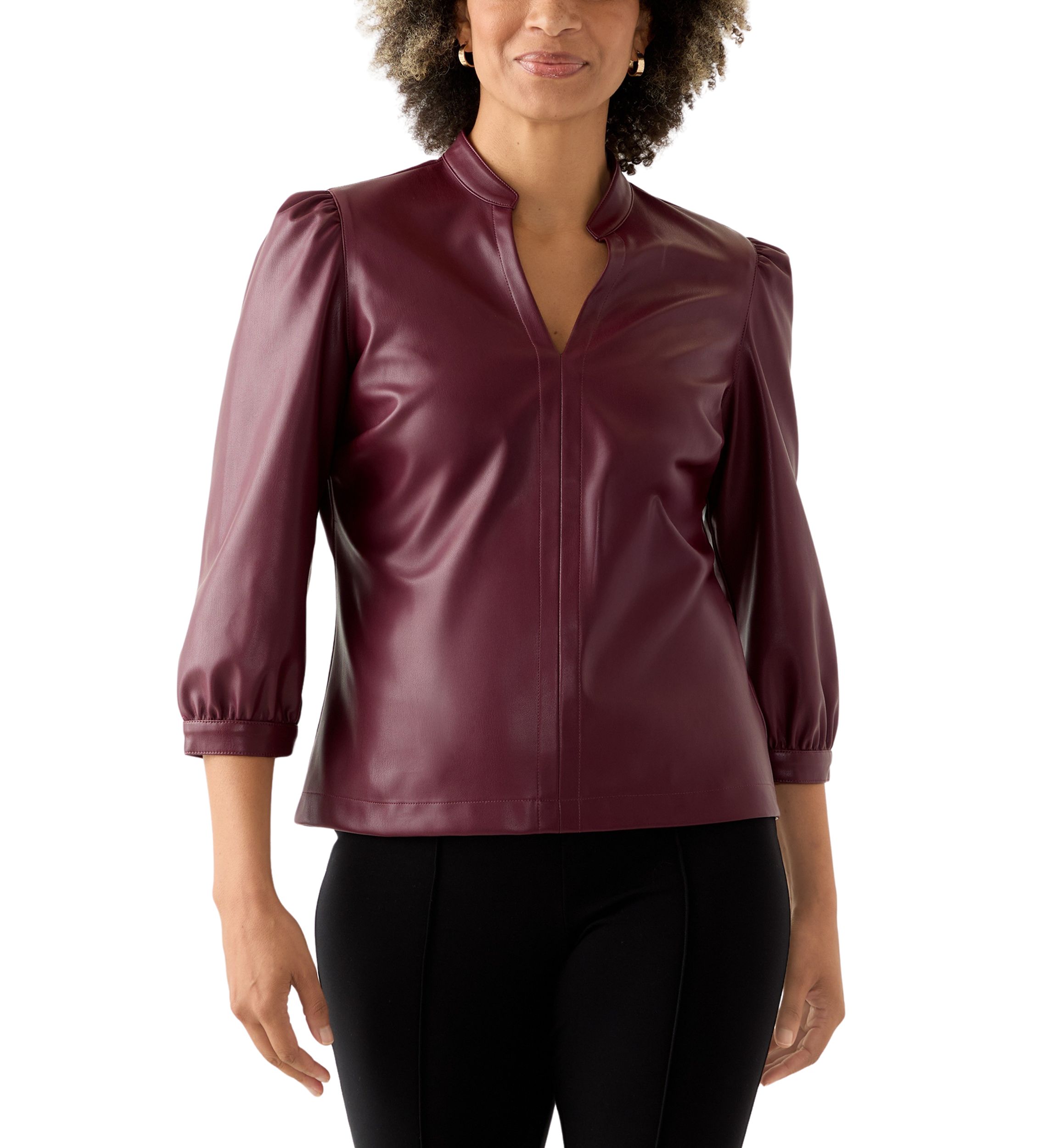 Womens Split Neck Vegan Leather Shirt 