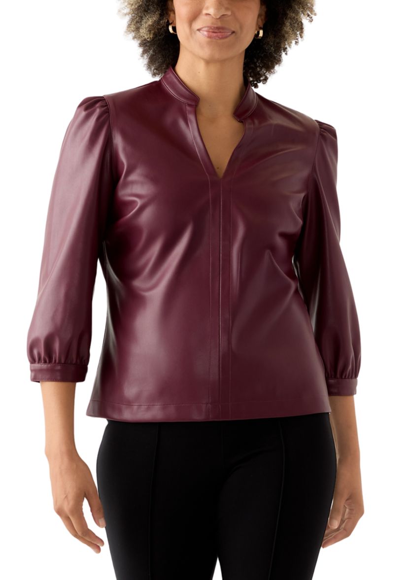 Womens Split Neck Vegan Leather Shirt 