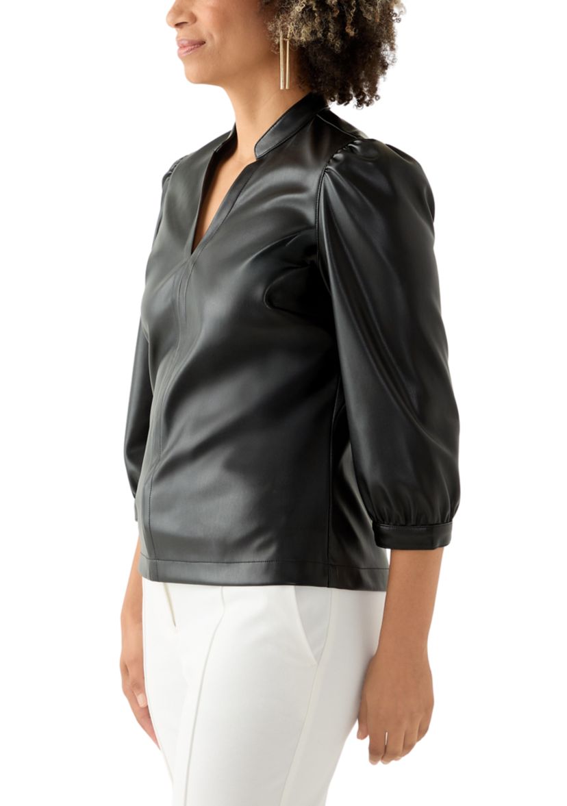 Womens Split Neck Vegan Leather Shirt 