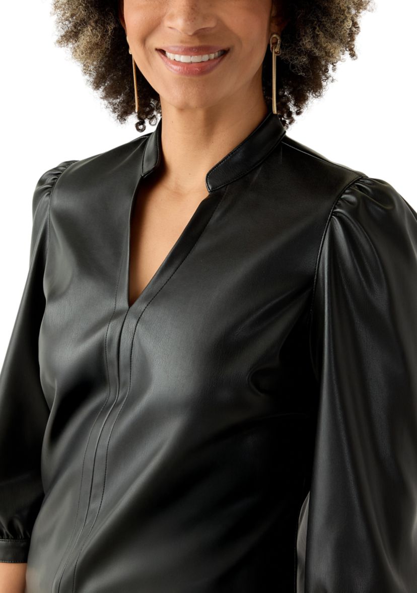 Womens Split Neck Vegan Leather Shirt 