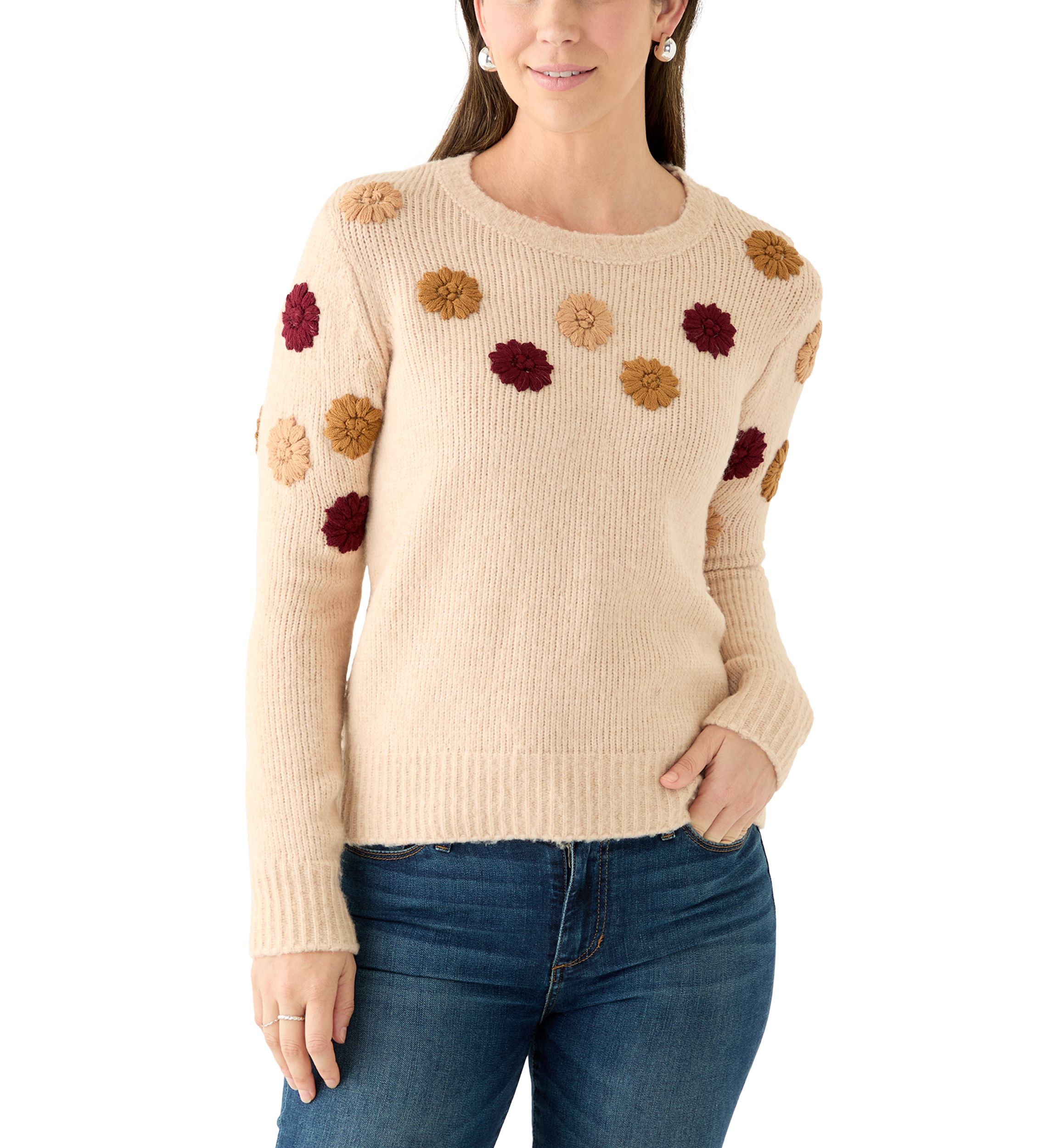 Womens Crew Neck 3D Flower Sweater