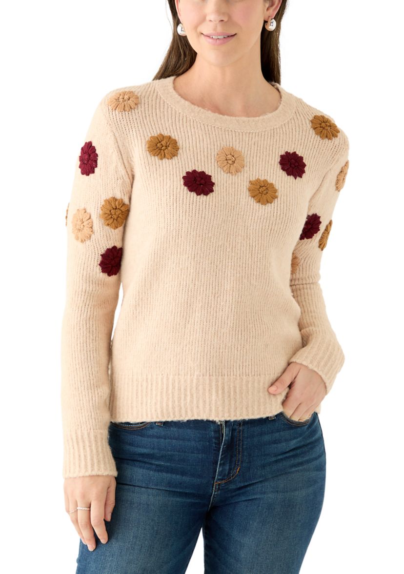 Womens Crew Neck 3D Flower Sweater