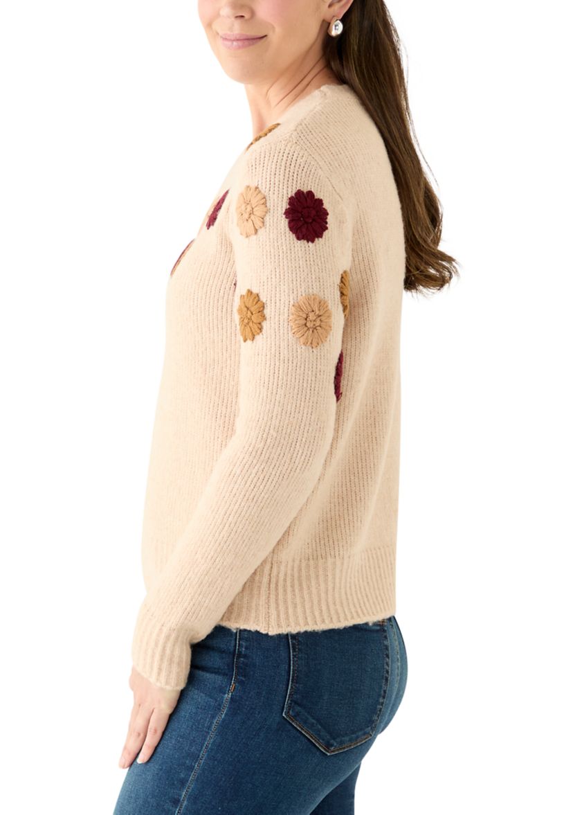 Womens Crew Neck 3D Flower Sweater