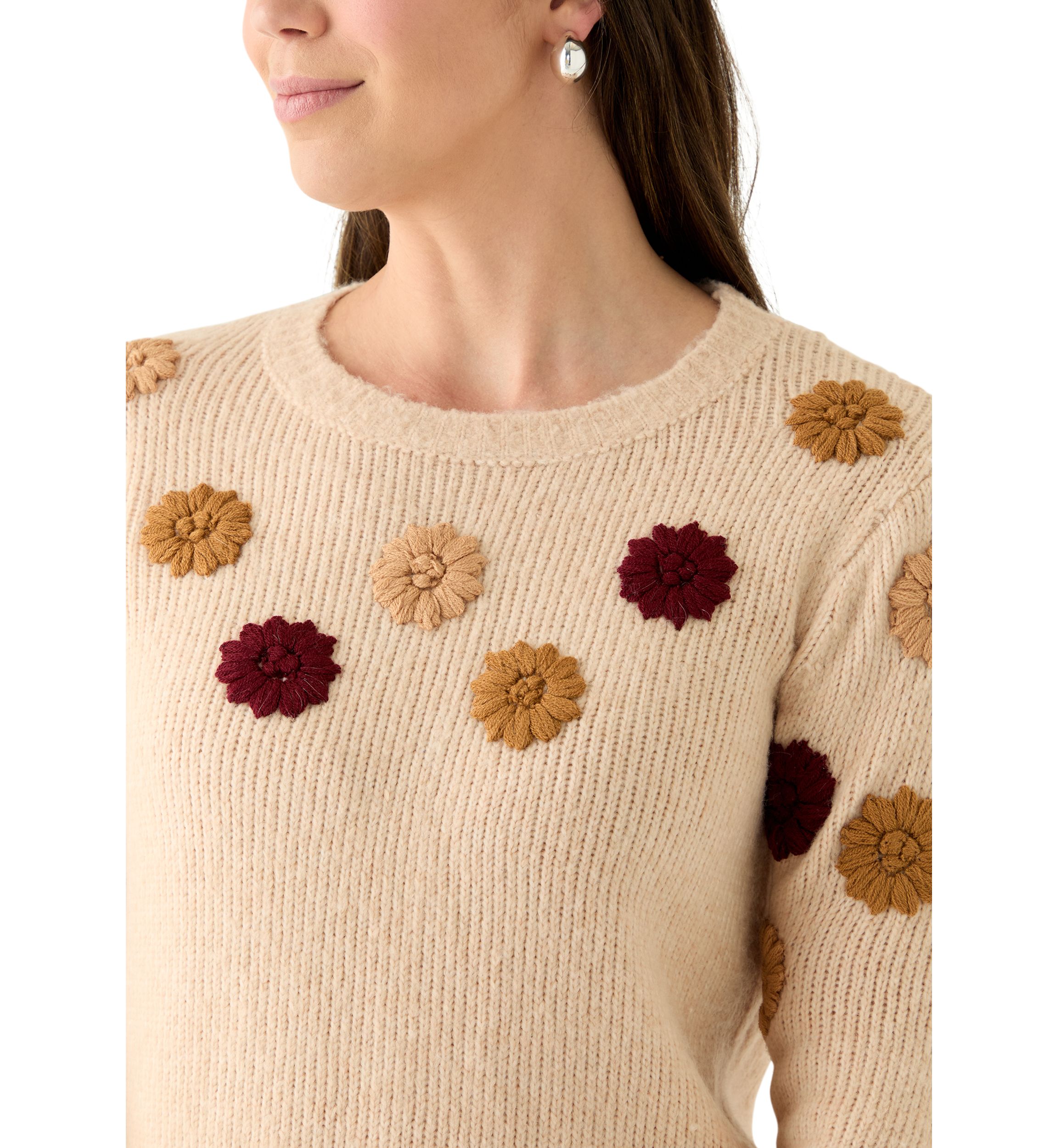 Womens Crew Neck 3D Flower Sweater