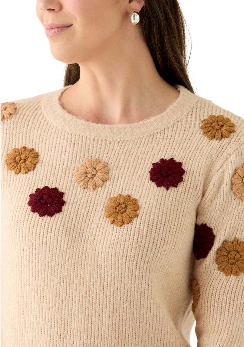 Womens Crew Neck 3D Flower Sweater