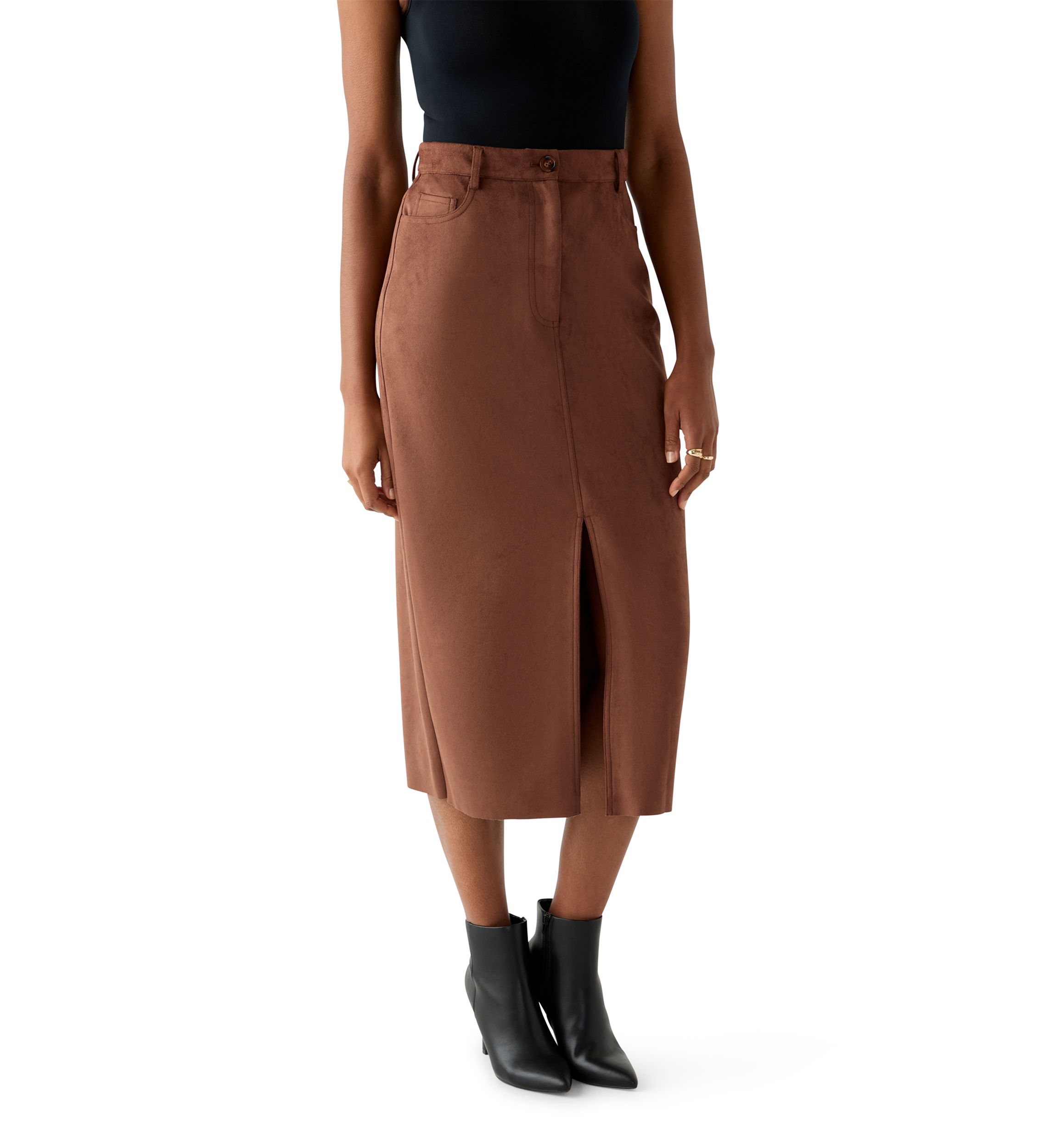 Womens Slit Front 5-Pocket Vegan Suede Skirt