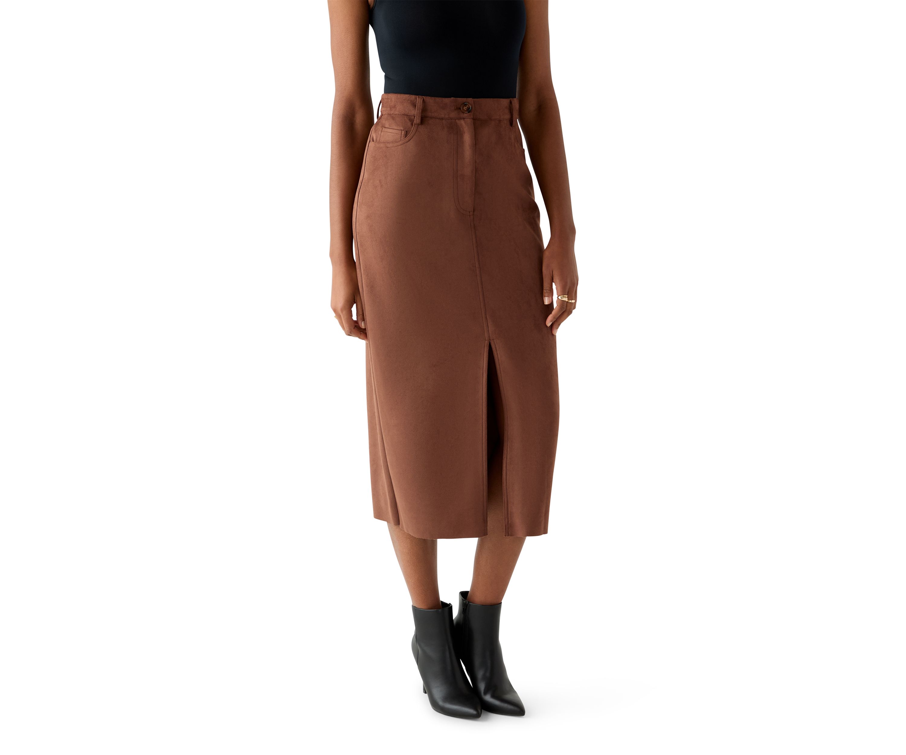 Womens Slit Front 5-Pocket Vegan Suede Skirt