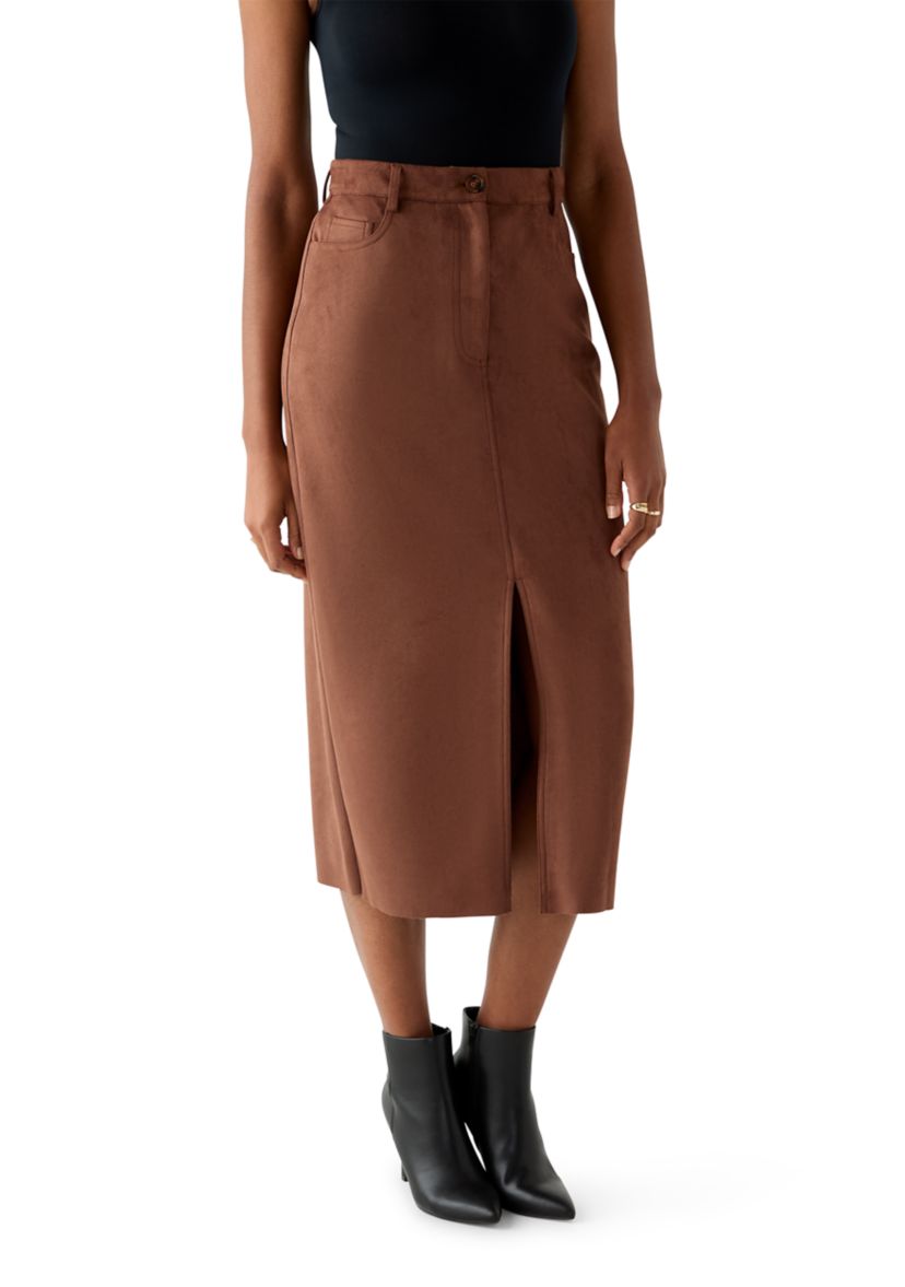 Womens Slit Front 5-Pocket Vegan Suede Skirt