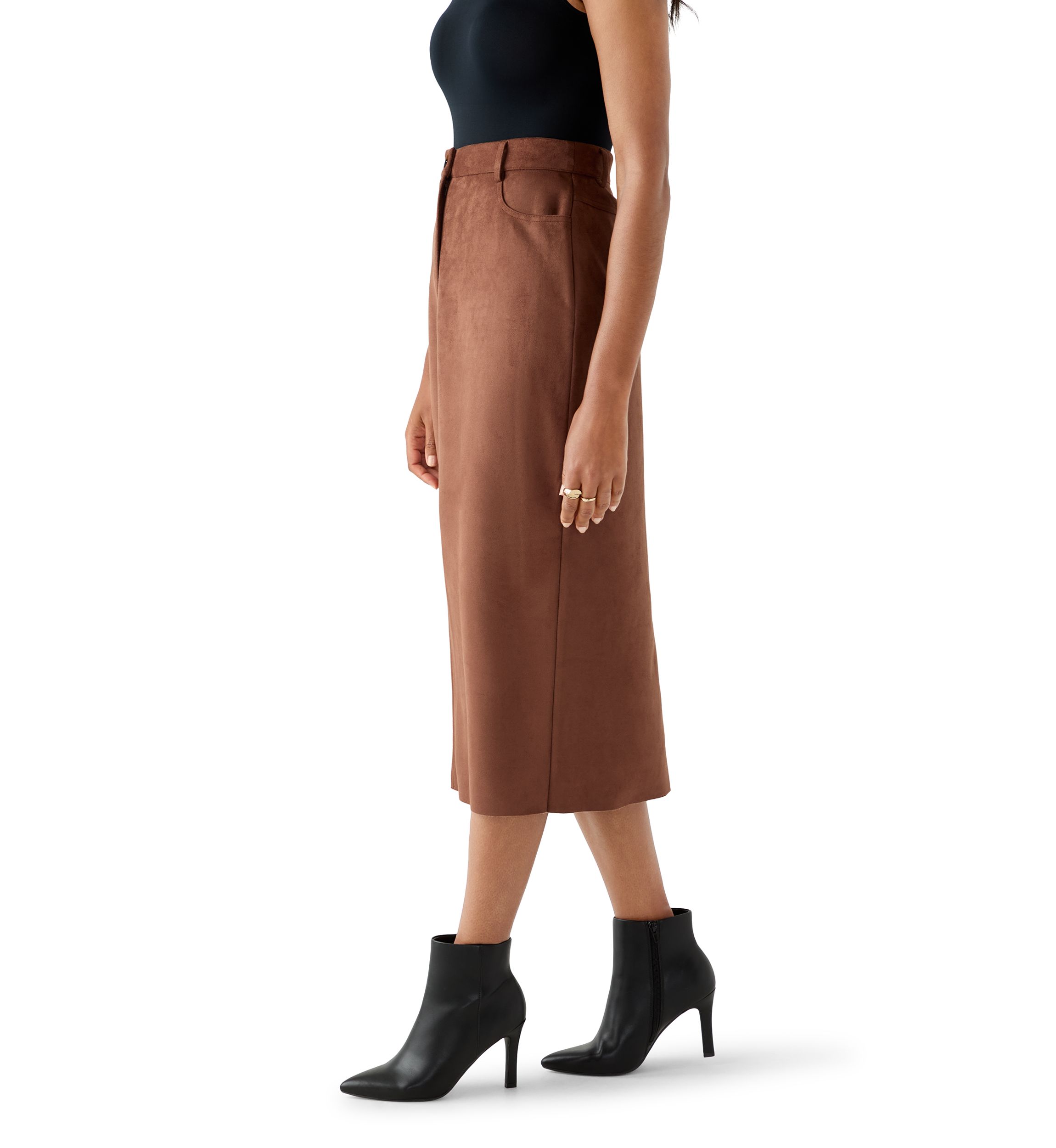 Womens Slit Front 5-Pocket Vegan Suede Skirt