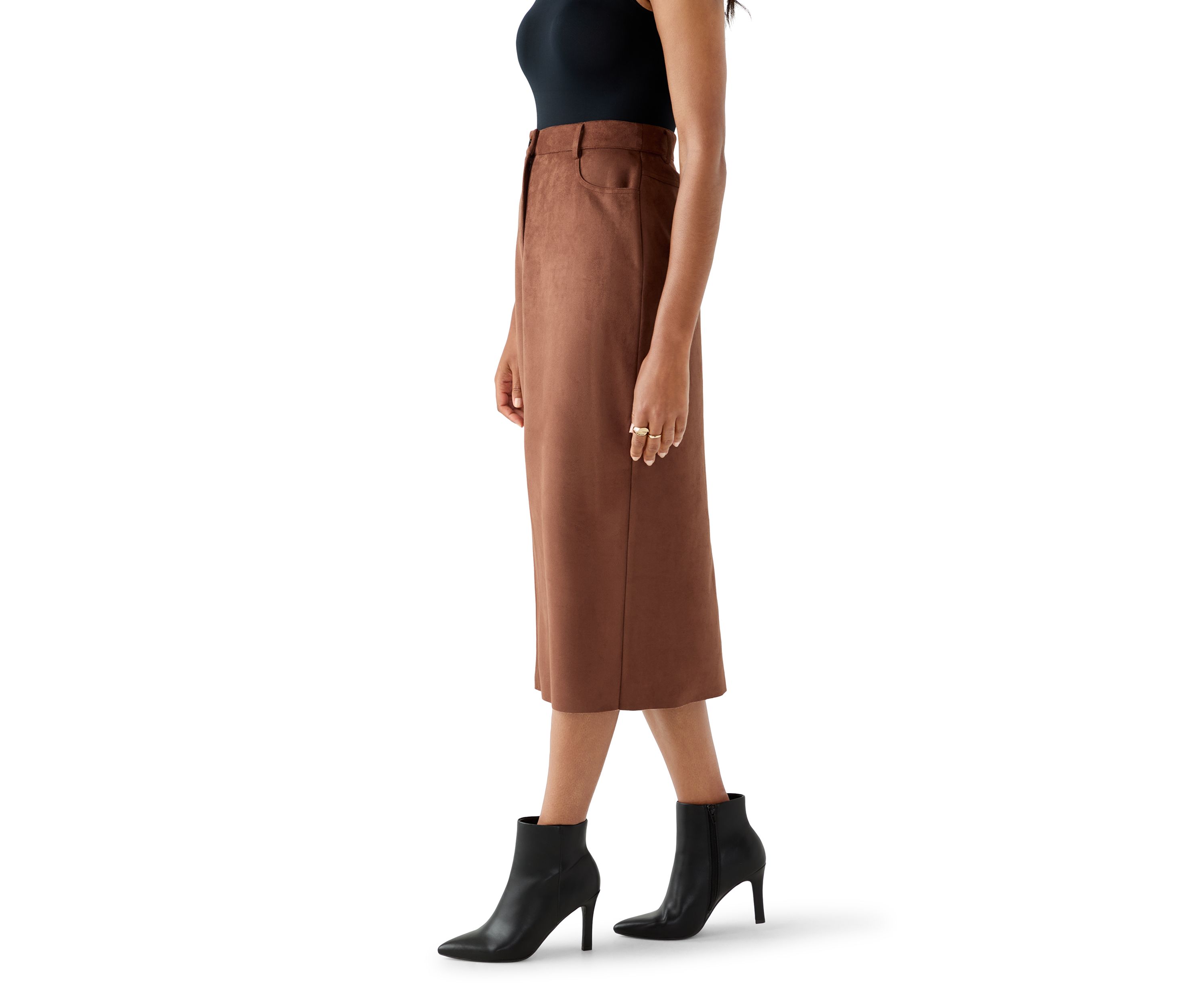 Womens Slit Front 5-Pocket Vegan Suede Skirt