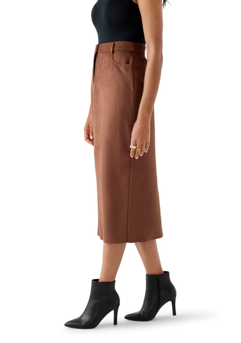 Womens Slit Front 5-Pocket Vegan Suede Skirt