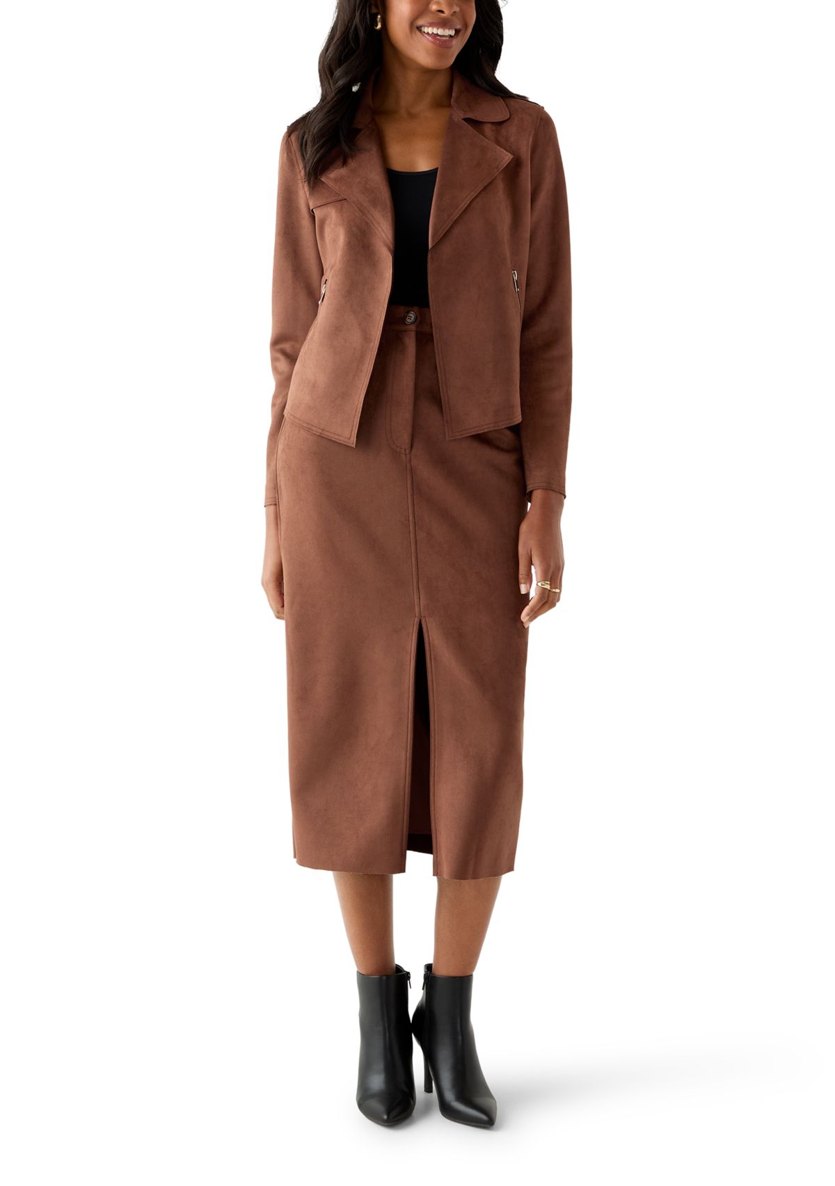 Womens Slit Front 5-Pocket Vegan Suede Skirt