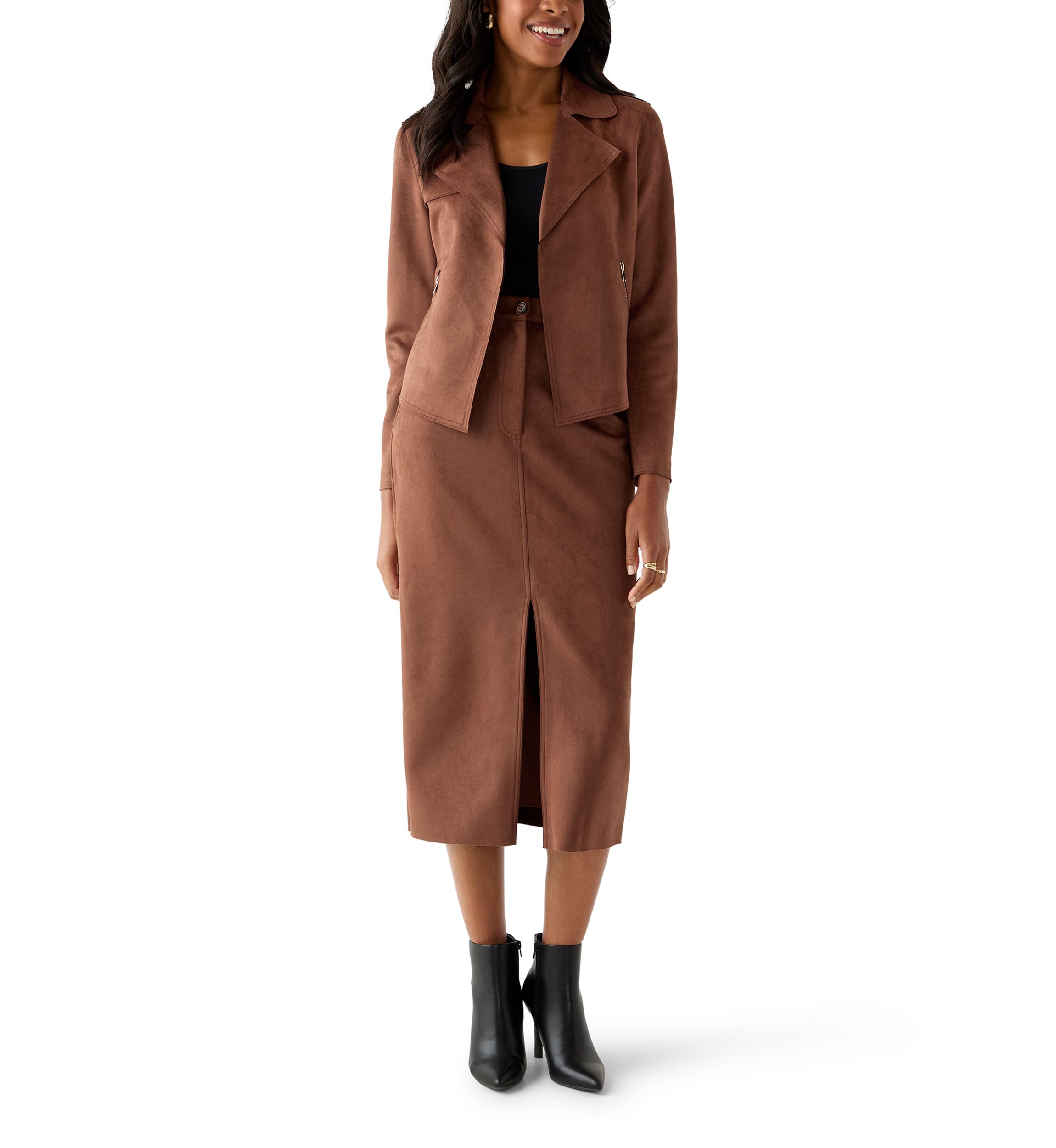 Womens Slit Front 5-Pocket Vegan Suede Skirt