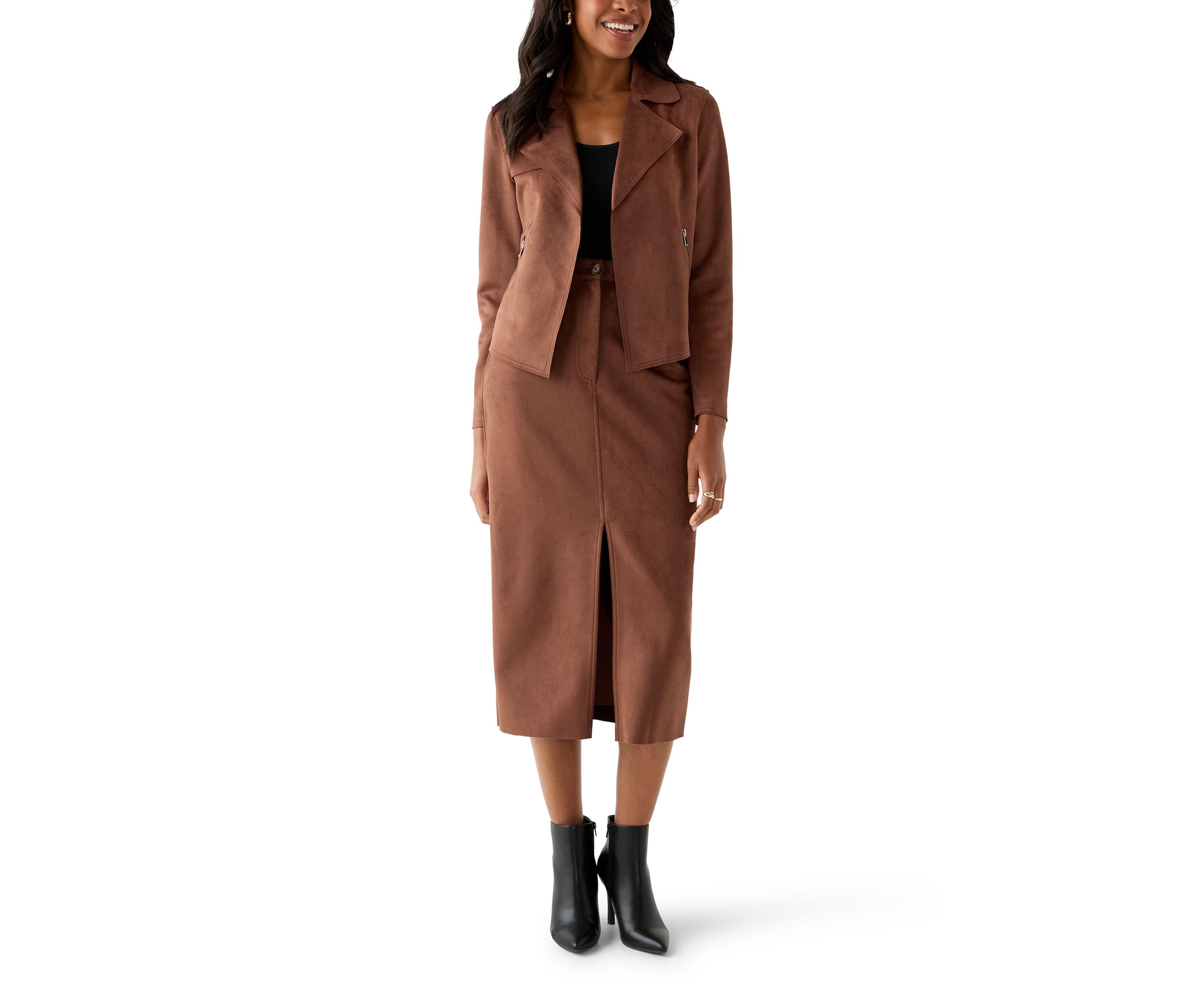 Womens Slit Front 5-Pocket Vegan Suede Skirt