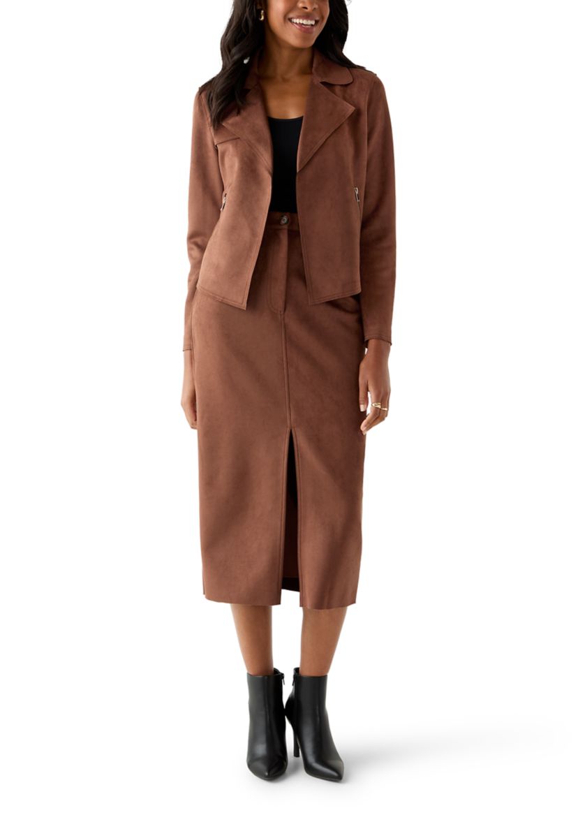 Womens Slit Front 5-Pocket Vegan Suede Skirt